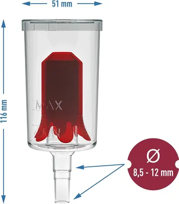 A clear product shot of a fermentation airlock with dimensions indicated.