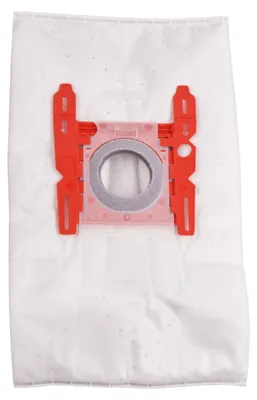 A white vacuum cleaner bag with a red plastic attachment.