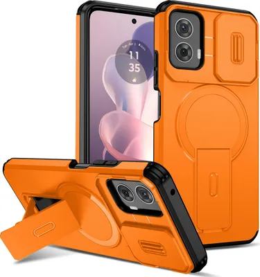 Produktbild von Magnetisch Hülle für Motorola Moto G Power 2024 5G, Dual Layer Stoßfest Handyhülle mit Dia Kameraschutz, Verstellbarem Ständer Orange