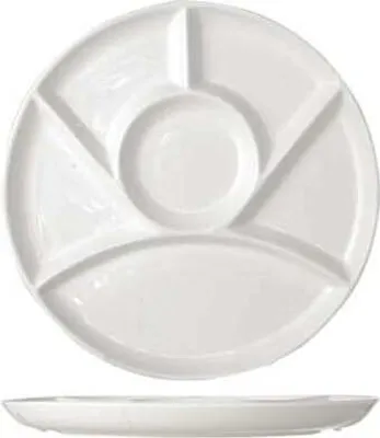 A white, multi-compartment serving plate shown from a top-down and side view.