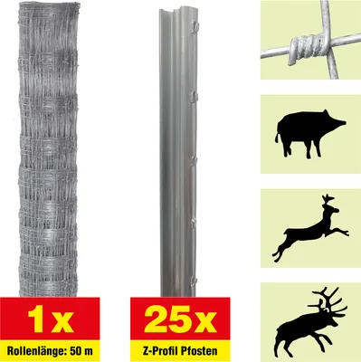 Produktbild von Forstzaun 50 m Set Taurus Forstwirtschaft - Höhe: 160 cm, inkl. 25 Z-Pfosten, Horizontaldrähte: 23