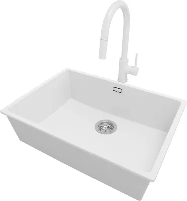 Produktbild von PRIMAGRAN Unterbauspüle Granit Weiß 66x47cm, Spülbecken 1 Becken + Küchenarmatur 40x20cm + Ablauf-Set, Granitspüle ab 70er Unterschrank - London