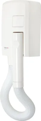 A white wall-mounted hairdryer with a flexible hose.