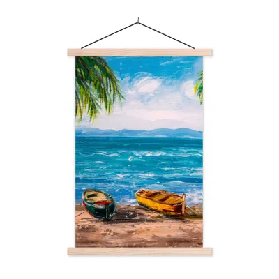 Produktbild von MuchoWow® Textilposter Gemälde - Öl auf Leinwand - Strand - Palme - Boot 120x180 cm mit holzfarbenen Rahmen - Textil-Plakat
