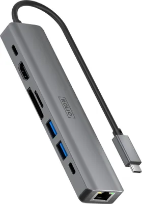 Produktbild von Rolio USB C Hub, HDMI 4K@60hz, Ethernet 1Gbps, USB-C, SD/TF Kaartlezer, USB 3.0, Universal, für Macbook Pro / Air / iPad Pro / iPhone / Galaxy / HP / Dell / Lenovo