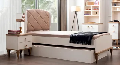 Productafbeelding van Kinderzimmer Set Beige Kinderbett Nachttisch Jungzimmer Design Modern 2tlg.