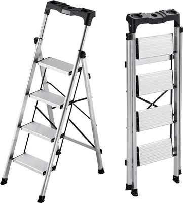 Produktbild von SucceBuy Trittleiter mit 4 Stufen, Klappleiter aus Aluminium mit rutschfesten Stufen und ergonomischem Handgriff, belastbar bis 150 kg, vielseitig einsetzbar für Küche, Haushalt, Lager und Büro, Silber