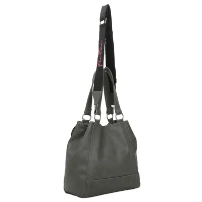 A grey shoulder bag is shown against a white background.