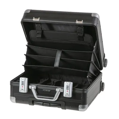 Produktbild von ALUMAXX ® Trolley GEMINI Innenmaße: 36,5x39x17 cm (BxHxT) Außenmaße: 42,5x40x21 cm (BxHxT) mit Rollen herausnehmbares Fächerfach Netzfach Overnightfach Aluminium schwarz