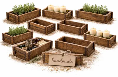 10er Set Holzkisten, rustikale Pflanzkästen aus Altholz, 32x15x9 cm
