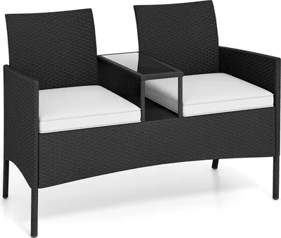 Produktbild von COSTWAY Gartenbank mit Tisch, 2-Sitzer Polyrattan Sitzbank, Sitzgruppe, Gartenmöbel, Terrassenmöbel, wetterfeste Balkonmöbel Weiß