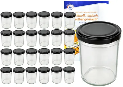 Image de lot de 25 pots 230 ml HOCH To 66 avec couvercle noir et livret de recettes Diamant Gelierzauber