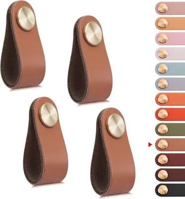 Image de Poignées en cuir pour meubles - 4 pièces - 14 × 2,5 × 0,3 cm - tige à visser de 2,2 mm - poignées de tirage pour meubles - poignées de tirage en cuir - poignées de tirage de style vintage - pour armoires, tables, cuisines, salles de bains - trou unique - poignées en cuir avec tige en laiton