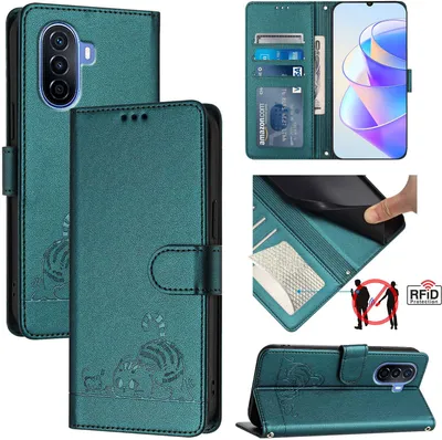 Produktbild von Leder Hülle für Huawei Nova Y70 Plus Süße Katze Flip Case Brieftasche Schutzhülle mit Standfunktion Grün