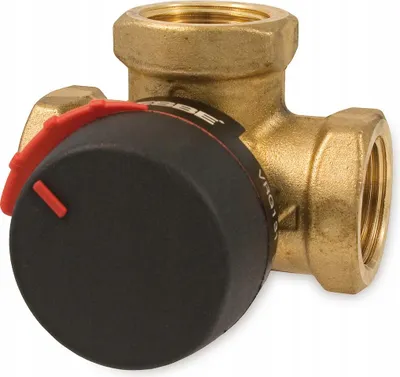 A close-up studio shot of a brass valve with a black and red control knob.