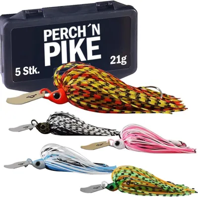 Produktbild von 5er Chatterbait Angelköder Set mit Box, 21g Kunstköder für Spinnfischen auf Hecht, Barsch und Zander, Hecht Köder Set inkl. Box