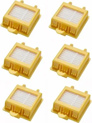 Six yellow vacuum cleaner filters arranged in a grid on a white background.