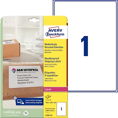 Obrázok produktu pre Avery L7997-25, Biela, Polyester, Laser, 199.6 x 289.1 mm, 25 kusov