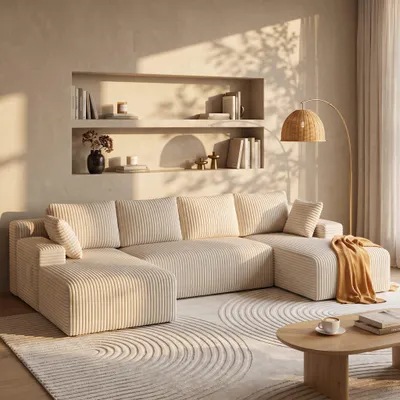Image de Canapé d'angle modulaire BEALIFE, revêtement en velours et rembourrage en mousse à mémoire de forme, idéal pour le salon, couleur crème, modèle AR45