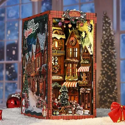 Produktbild von DIY Book Nook Weihnachtsstraße - 3D-Puzzle - 296 Teile - Miniaturhaus aus Holz - mit LED