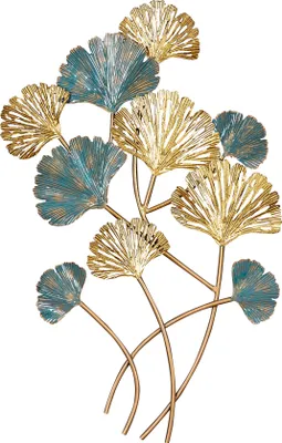 Produktbild von Wandbild 48x76cm Gold Blau Ginkgo Metall-Bild Wand-Deko Wandhänger Wandobjekt