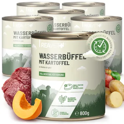 Produktbild von REAVET Hundenassfutter – Wasserbüffel mit Kartoffeln an Kürbis & Apfel 6 x 800g | mit hohem Fleischanteil & viel Muskelfleisch, Getreidefrei, ohne Zucker