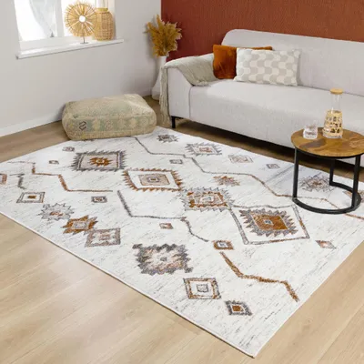 Produktbild von Volero - Hochflor Teppich - Blend Aztec Creme Bunt - 120x170 cm - Wohnzimmer, Esszimmer, Schlafzimmer - Boho, Ländlich, Modern, Skandinavisch, Retro