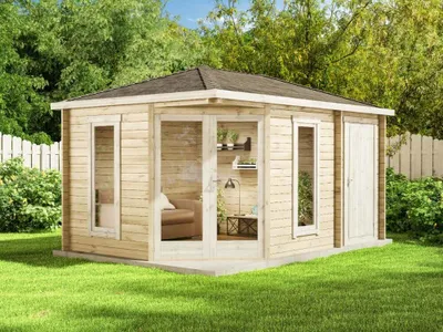Produktbild von Alpholz 5-Eck Gartenhaus Liwa Compact mit Anbau aus Holz Gartenhütte Wandstärke: 28 mm Geräteschuppen