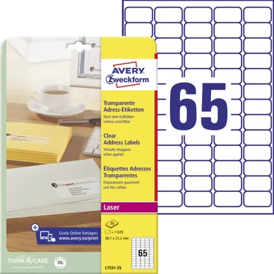 Produktbild von Avery Zweckform L7551-25 Adress-Etiketten, A4, 38,1 x 21,2 mm, 25 Bogen/1.625 Etiketten, transparent