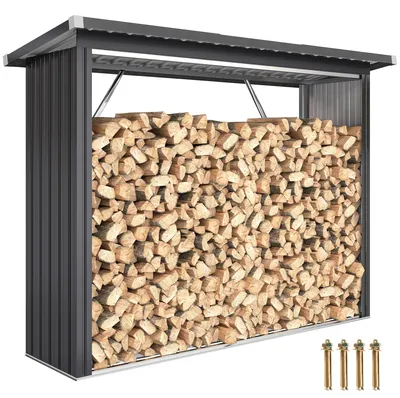 Produktbild von Brennholzschuppen, Feuerholzunterstand, Stahl, erhöhter Boden, Schrägdach, 213 x 66,5 x 150 cm, Dunkelgrau