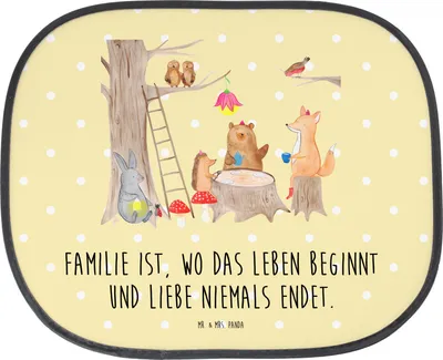 Produktbild von Mr. & Mrs. Panda Auto Sonnenblende Waldtiere Picknick - Gelb Pastell - Geschenk, blendschutz, Lustige Sprüche, autofenster sonnenschutz, Eichhörnchen, Igel, Hase, Fuchs