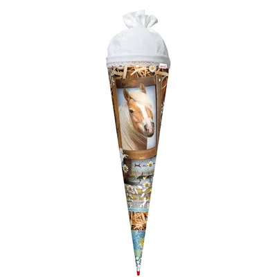Produktbild von Schultüte groß Pferd 70 cm - rund Rot(h)-Spitze Filzverschluss - Zuckertüte Haflinger Schulanfang