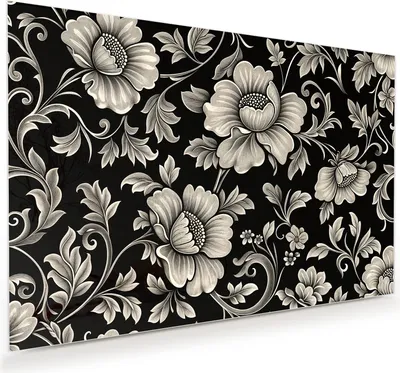 Produktbild von Glasbild 90x60cm in XXL für Wohnzimmer, Schlafzimmer Motiv Blumenmuster Schwarz