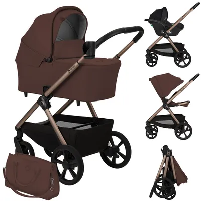 Obrázok produktu pre Detský kočík Lionelo Carmine 3 v 1 s autosedačkou i-Size, vaničkou a športovou sedačkou, kolesami GravelTech, odpružením, UPF50+, hnedý