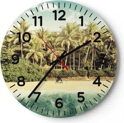 Produktbild von Wanduhr - Rund - Glasuhr - Natur Strand Palmen - 40x40cm - Schleichendes Uhrwerk - Lautlos - zum Aufhängen bereit - Dekoration Modern - Wanddekoration aus Glas - C4AR40x40-4915