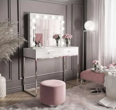Produktbild von Schminktisch BLANCO GLAMOUR mit Spiegel und Beleuchtung weiß Hochglanz mit Griffen