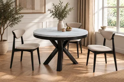 Produktbild von Runder Ausziehbarer Esstisch im Loft-Stil - Industrieller Tisch in Weißer Marmoroptik mit Schwarzen Metallbeinen - Platzsparender Tisch für Wohnzimmer - Marmor Weiß - 100 bis 180 cm