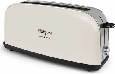 A cream-colored toaster with a black base and silver accents, shown from a three-quarter angle on a white background.