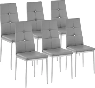 A set of six gray dining chairs arranged in a row.