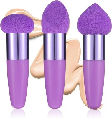 Image de Set de 3 pinceaux de maquillage avec éponge, violet, réutilisable