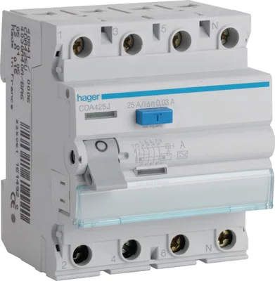 Zdjęcie produktu dla HAGER RCCB Wyłącznik różnicowoprądowy 3P+N 25A 30mA 6kA AC CDA425J