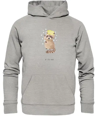 Produktbild von Mr. & Mrs. Panda Nachhaltiger Hoodie Waschbär Größe M - Heather Grey - Geschenk, Pullover, Hoody, Fröhlich, Pulli, Sweatshirt, Tagträumen, Waschen, Seifenblasen, Plan