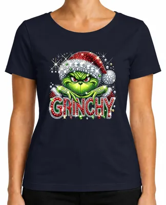 Produktbild von Grinchy Weihnachten Glitzer Strass Santa Frech Ugly Christmas Xmas Damen T-Shirt, Navy, XXL