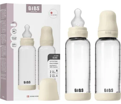 Image de Biberon en verre BIBS 240 ml, Tétine ronde silicone débit moyen, Système anti-colique, Ivory, Pack de 2