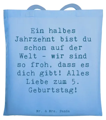 Produktbild von Mr. & Mrs. Panda Jutebeutel Spruch 5. Geburtstag Freude - Sky Blue - Geschenk, Happy Birthday, Tote Bag, Zuneigung, Kinderaugen, Geburtstagsfreude, Geburtstagsparty