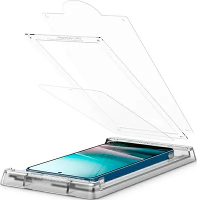 A screen protector being applied to a smartphone using an alignment tool.