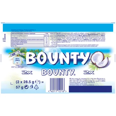 The back of a Bounty chocolate bar packaging, showing nutritional information and branding.