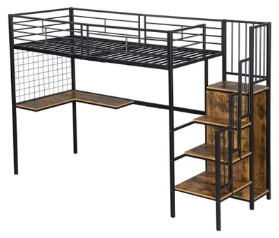 Image de Lit superposé - Lit pour enfant 90x200 cm - Bureau et armoire - Espace de rangement - Escalier latéral avec rampe - Structure en métal et panneaux de fibres de densité moyenne (MDF) - Couleur noire et imitation noyer foncé