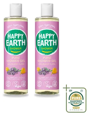 Imagen del producto de 2 unidades de gel de ducha Happy Earth Pure, aroma lavanda e ylang-ylang, 300 ml, pack ahorro