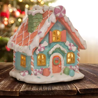 Produktbild von LED Lebkuchenhaus 13cm Deko Weihnachtshaus türkis rosa bunt